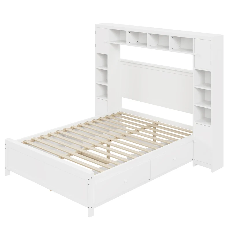 Cadre de lit double bois blanc avec étagère placard de rangement 4 tiroirs sommier à lattes 140*200 GUNKRIETS