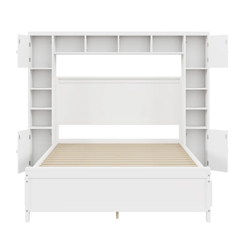 Cadre de lit double bois blanc avec étagère placard de rangement 4 tiroirs sommier à lattes 140*200 GUNKRIETS