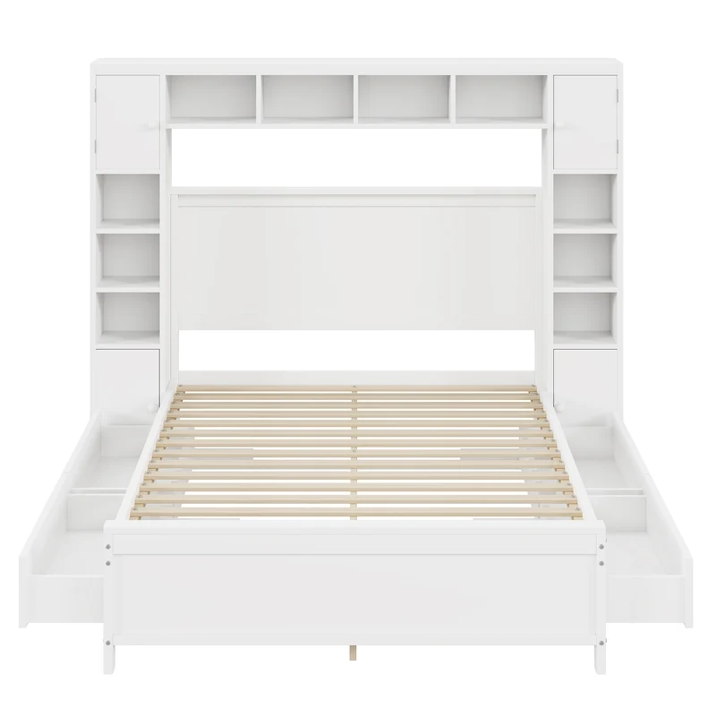 Cadre de lit double bois blanc avec étagère placard de rangement 4 tiroirs sommier à lattes 140*200 GUNKRIETS