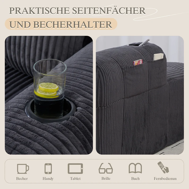 Méridienne droite en velours côtelé grise foncée modulable avec porte-gobelet et poche latérale CARDAMOMSEED