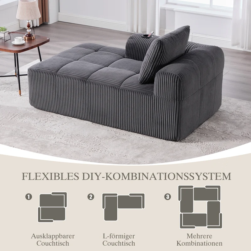 Méridienne droite en velours côtelé grise foncée modulable avec porte-gobelet et poche latérale CARDAMOMSEED