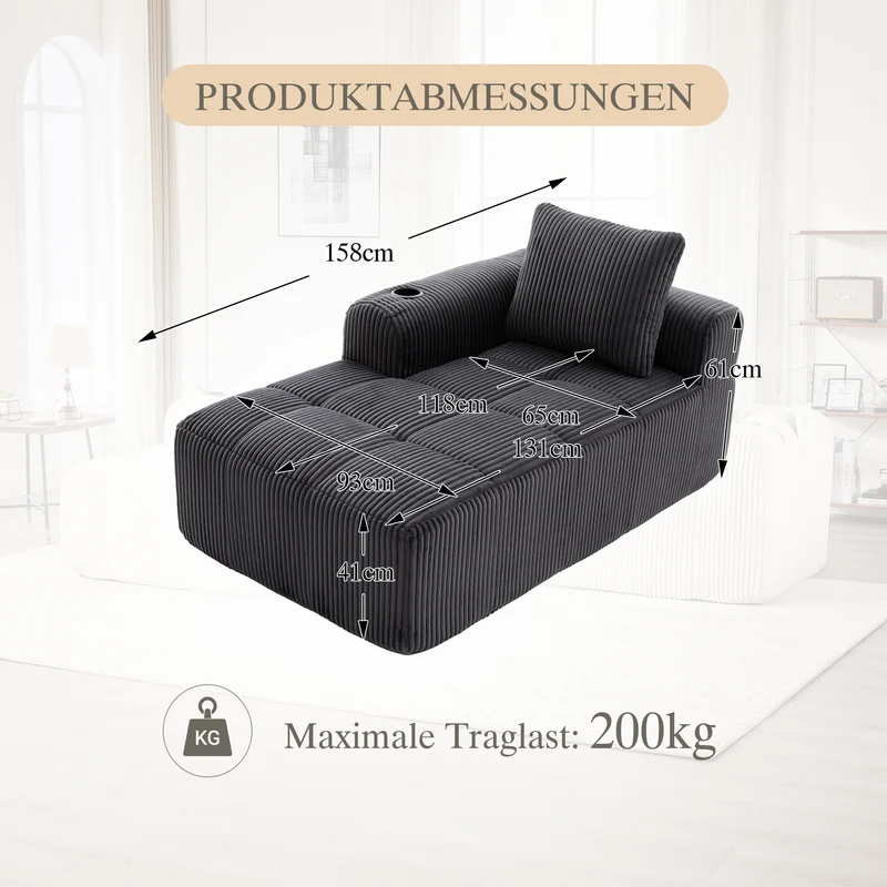 Méridienne droite en velours côtelé grise foncée modulable avec porte-gobelet et poche latérale CARDAMOMSEED
