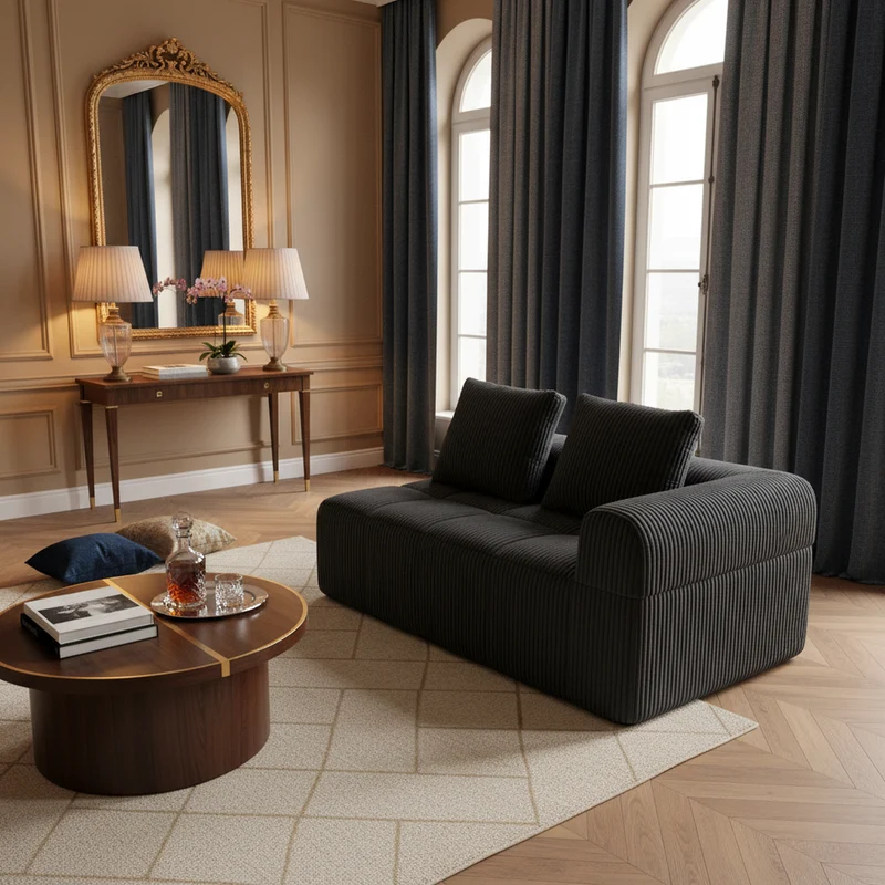 Canapé 2 places confortable en velours côtelé gris foncé sans montage avec porte-gobelet et poches latérales RESINBEAD