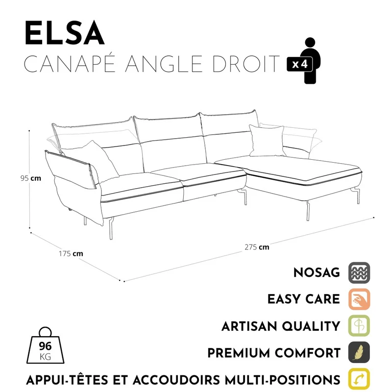 Canapé d'angle droit ELSA Tissu tramé