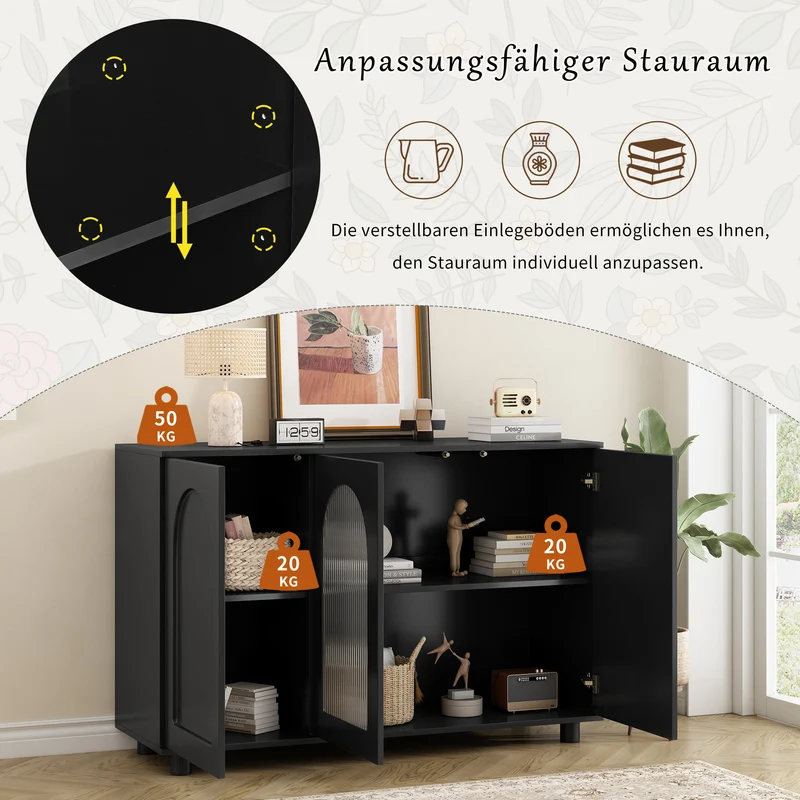Buffet noir moderne motif en forme de U, porte vitrée 120x40x78,5 cm VIVIDEX