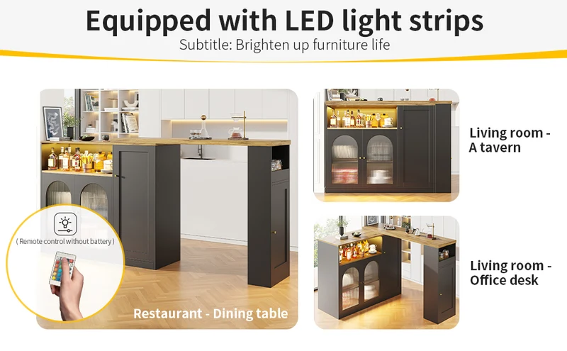 Table de bar rotative 360° effet bois et noir mat avec porte vitrée et éclairage LED 198x39,6x97cm ALIGNLA
