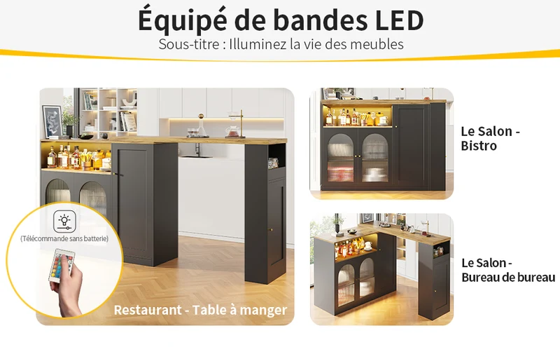 Table de bar rotative 360° effet bois et noir mat avec porte vitrée et éclairage LED 198x39,6x97cm ALIGNLA