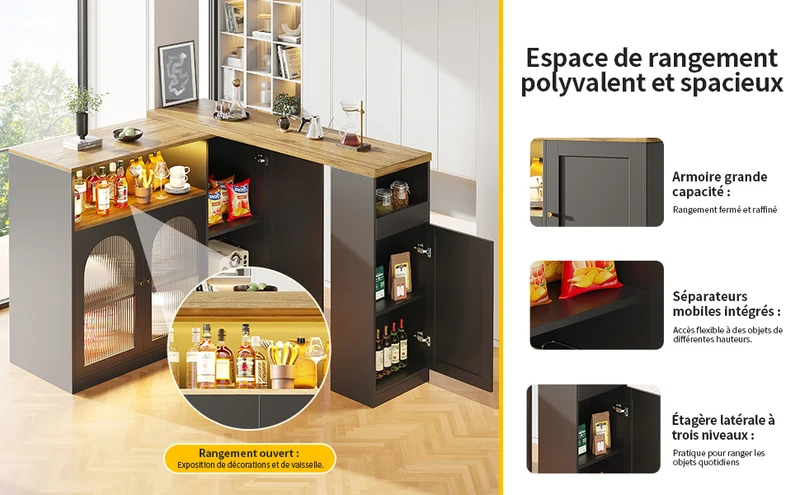 Table de bar rotative 360° effet bois et noir mat avec porte vitrée et éclairage LED 198x39,6x97cm ALIGNLA