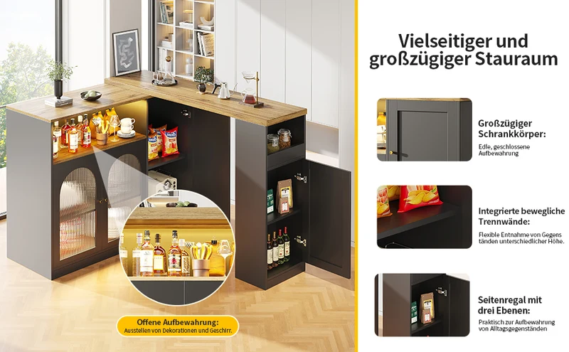 Table de bar rotative 360° effet bois et noir mat avec porte vitrée et éclairage LED 198x39,6x97cm ALIGNLA