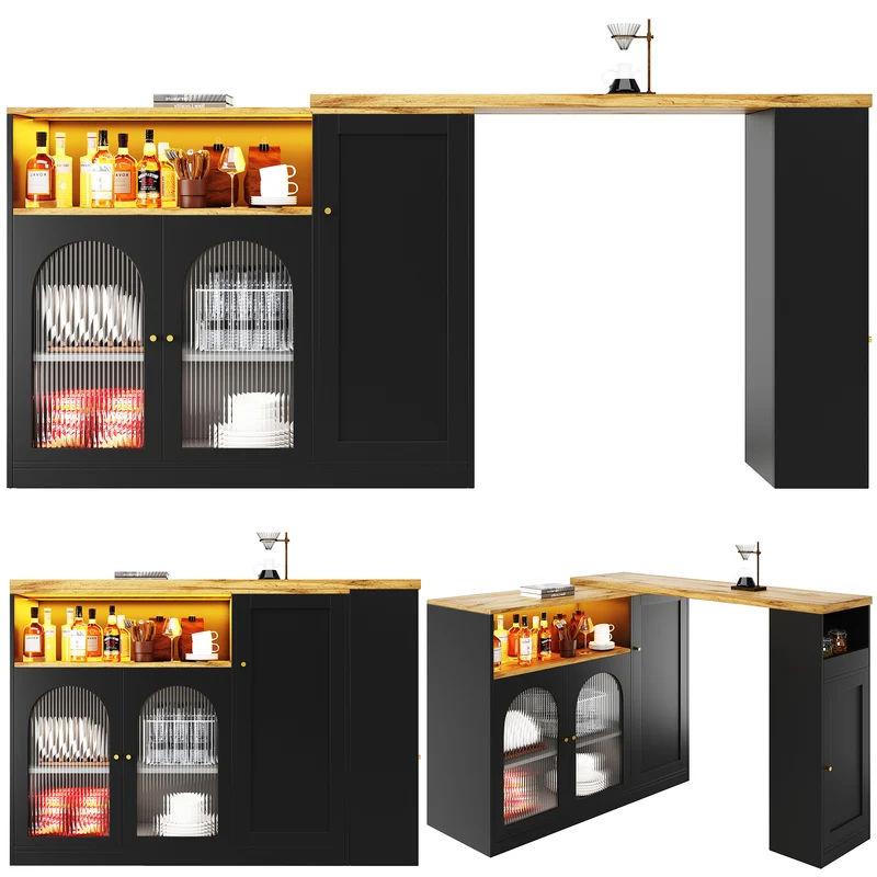 Table de bar rotative 360° effet bois et noir mat avec porte vitrée et éclairage LED 198x39,6x97cm ALIGNLA