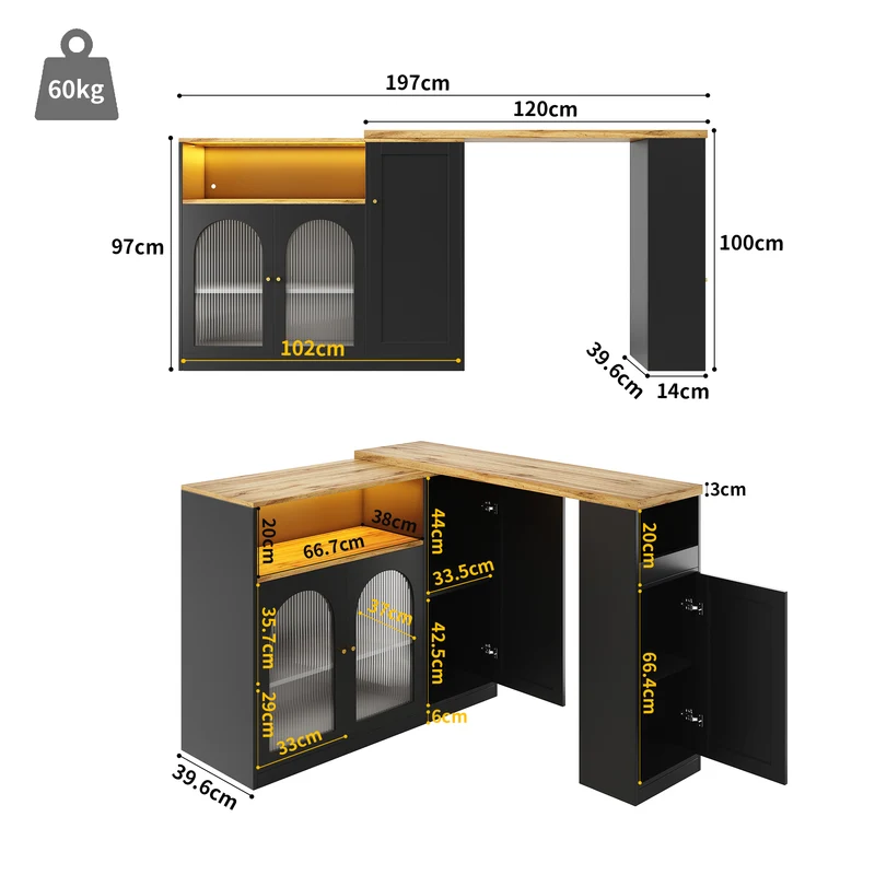 Table de bar rotative 360° effet bois et noir mat avec porte vitrée et éclairage LED 198x39,6x97cm ALIGNLA