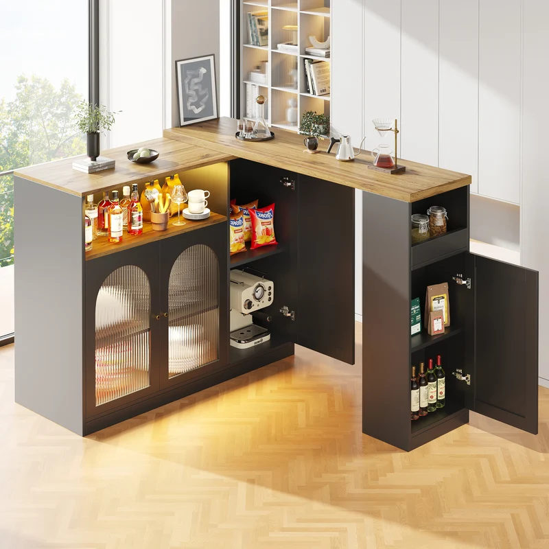 Table de bar rotative 360° effet bois et noir mat avec porte vitrée et éclairage LED 198x39,6x97cm ALIGNLA