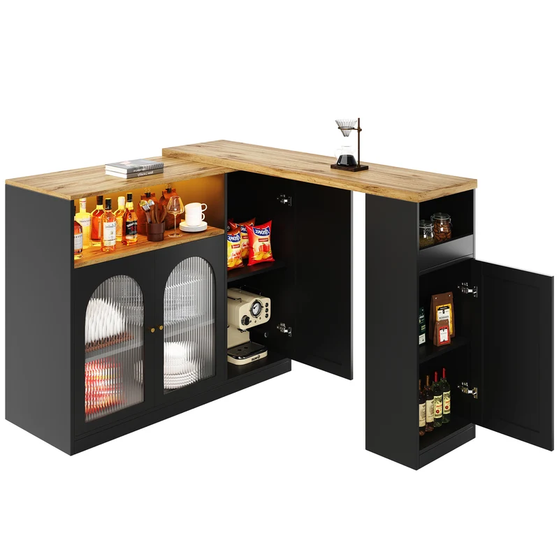 Table de bar rotative 360° effet bois et noir mat avec porte vitrée et éclairage LED 198x39,6x97cm ALIGNLA