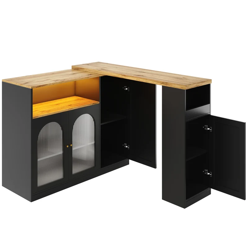 Table de bar rotative 360° effet bois et noir mat avec porte vitrée et éclairage LED 198x39,6x97cm ALIGNLA