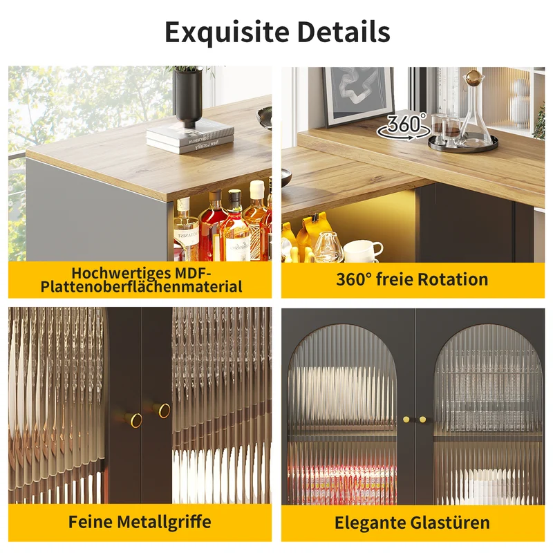 Table de bar rotative 360° effet bois et noir mat avec porte vitrée et éclairage LED 198x39,6x97cm ALIGNLA