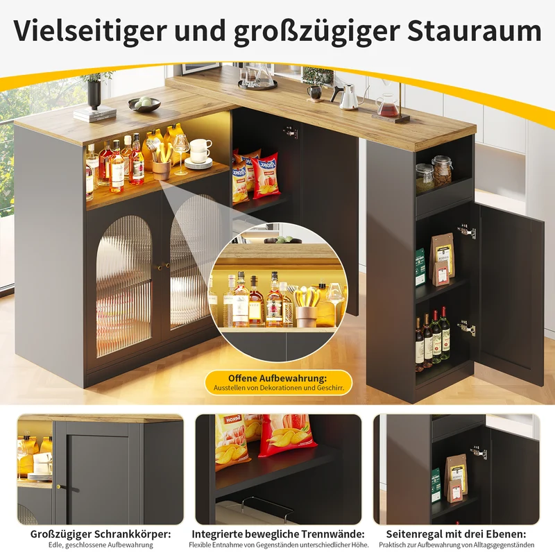 Table de bar rotative 360° effet bois et noir mat avec porte vitrée et éclairage LED 198x39,6x97cm ALIGNLA