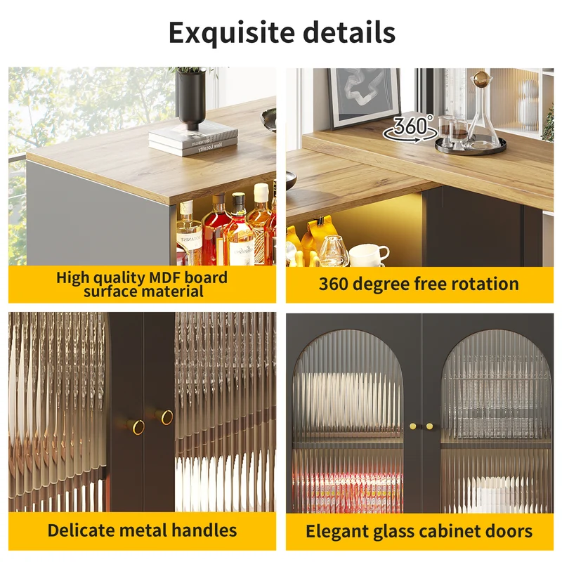 Table de bar rotative 360° effet bois et noir mat avec porte vitrée et éclairage LED 198x39,6x97cm ALIGNLA