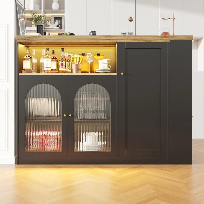 Table de bar rotative 360° effet bois et noir mat avec porte vitrée et éclairage LED 198x39,6x97cm ALIGNLA