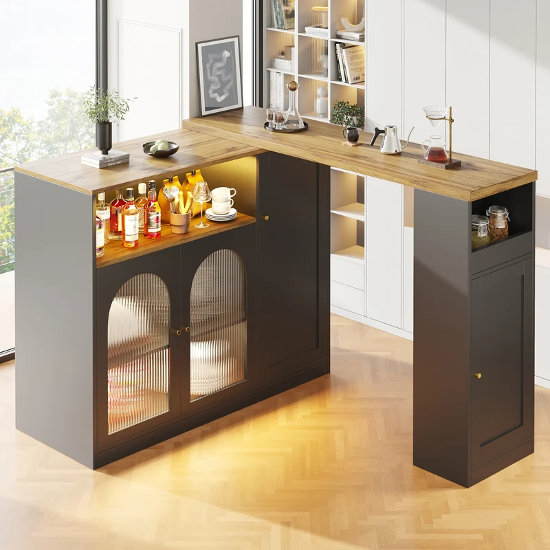 Table de bar rotative 360° effet bois et noir mat avec porte vitrée et éclairage LED 198x39,6x97cm ALIGNLA