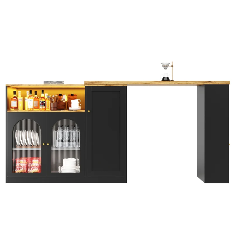 Table de bar rotative 360° effet bois et noir mat avec porte vitrée et éclairage LED 198x39,6x97cm ALIGNLA