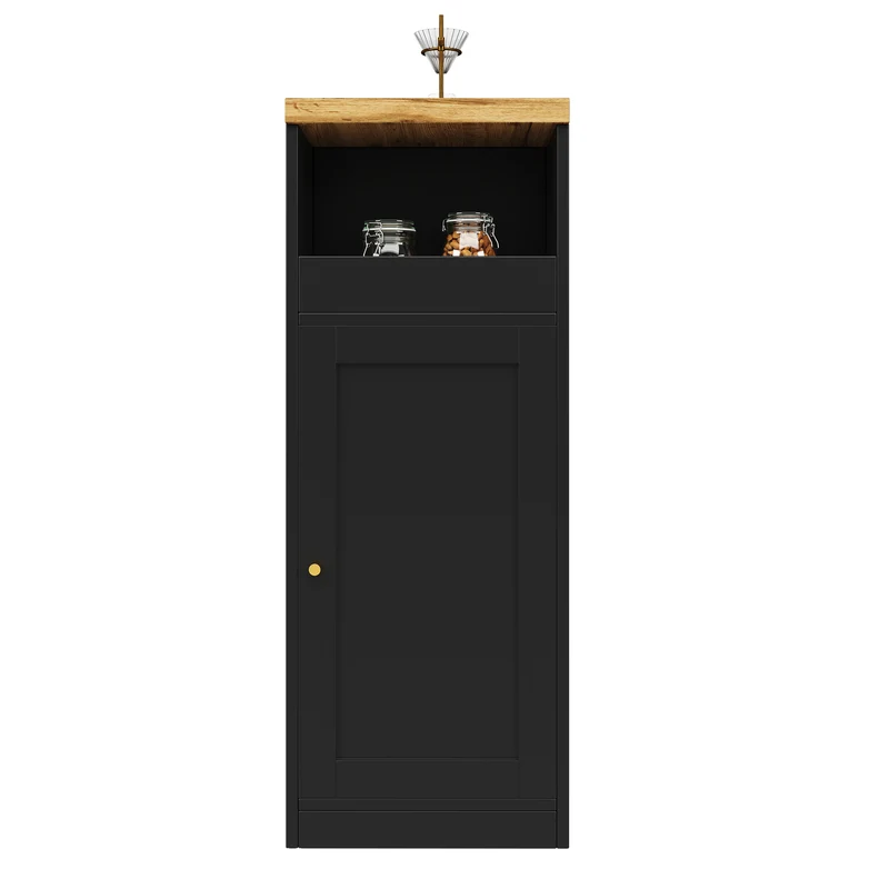 Table de bar rotative 360° effet bois et noir mat avec porte vitrée et éclairage LED 198x39,6x97cm ALIGNLA