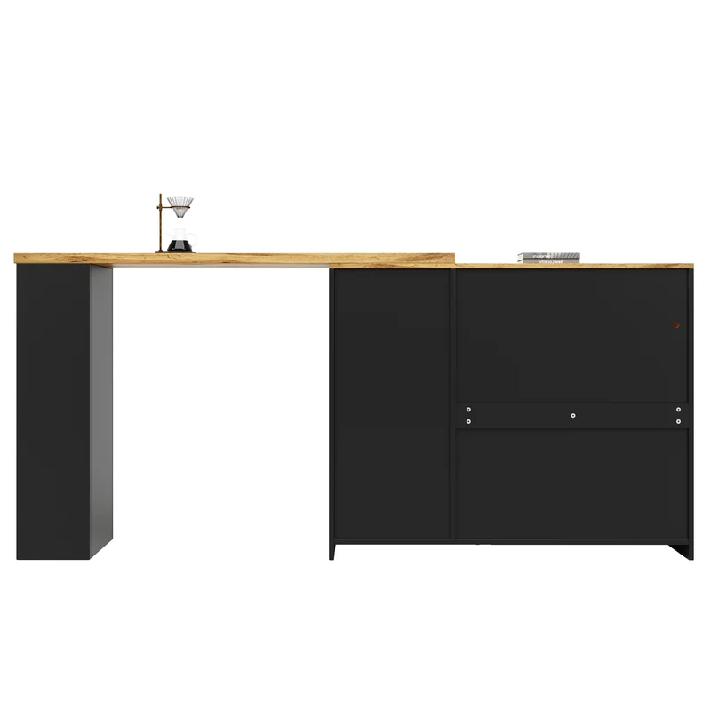 Table de bar rotative 360° effet bois et noir mat avec porte vitrée et éclairage LED 198x39,6x97cm ALIGNLA