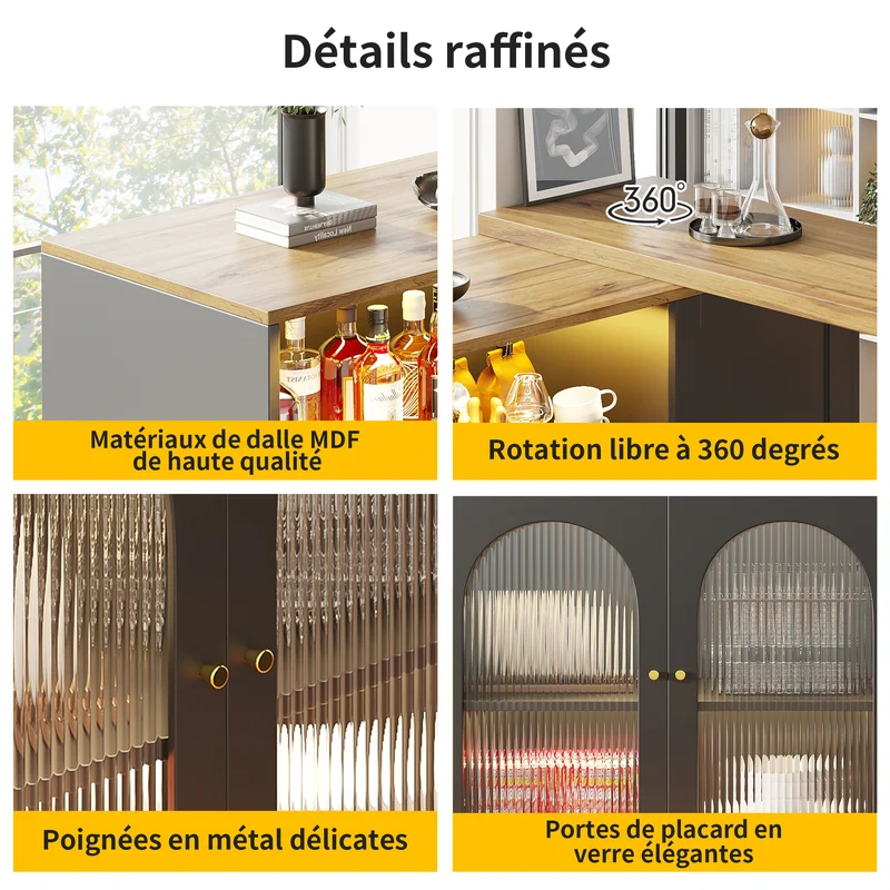 Table de bar rotative 360° effet bois et noir mat avec porte vitrée et éclairage LED 198x39,6x97cm ALIGNLA