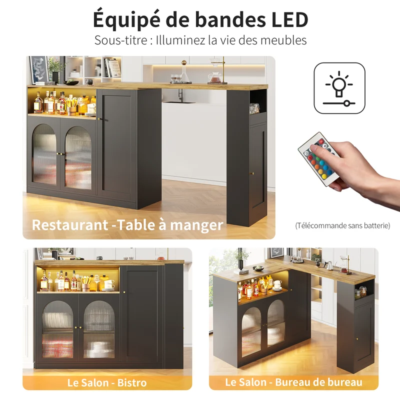 Table de bar rotative 360° effet bois et noir mat avec porte vitrée et éclairage LED 198x39,6x97cm ALIGNLA