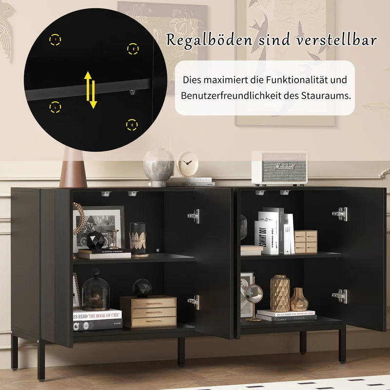 Buffet moderne noir 4 portes à motifs rainurés sans poignées 145x41,5x80 cm VERTEXIRE