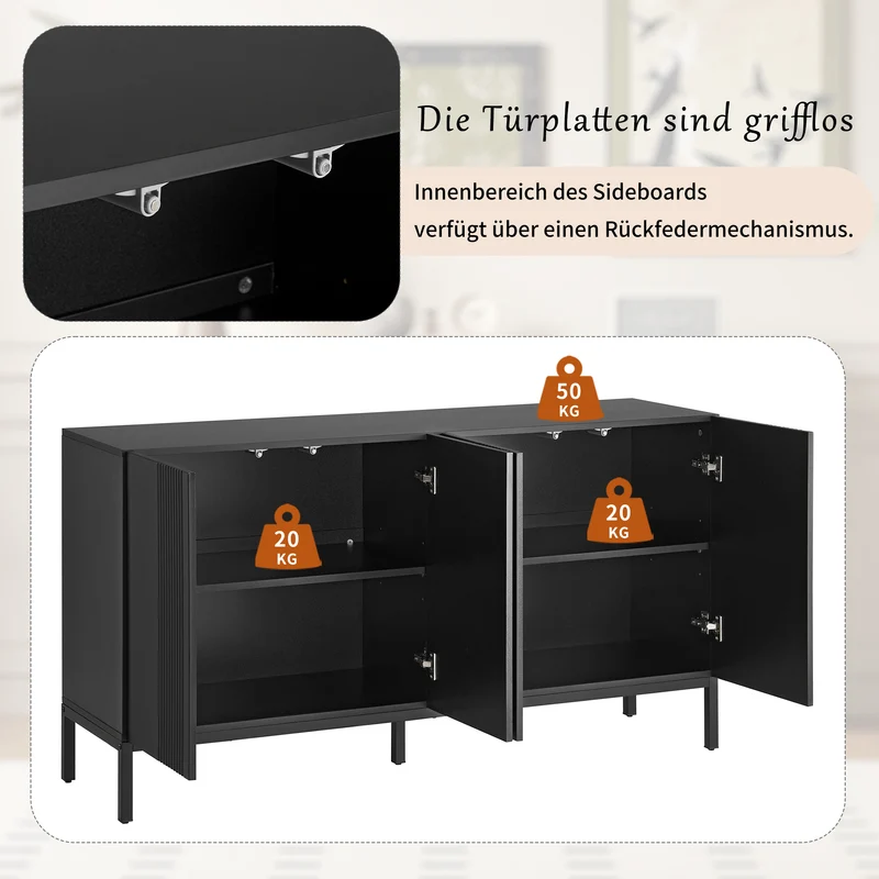Buffet moderne noir 4 portes à motifs rainurés sans poignées 145x41,5x80 cm VERTEXIRE