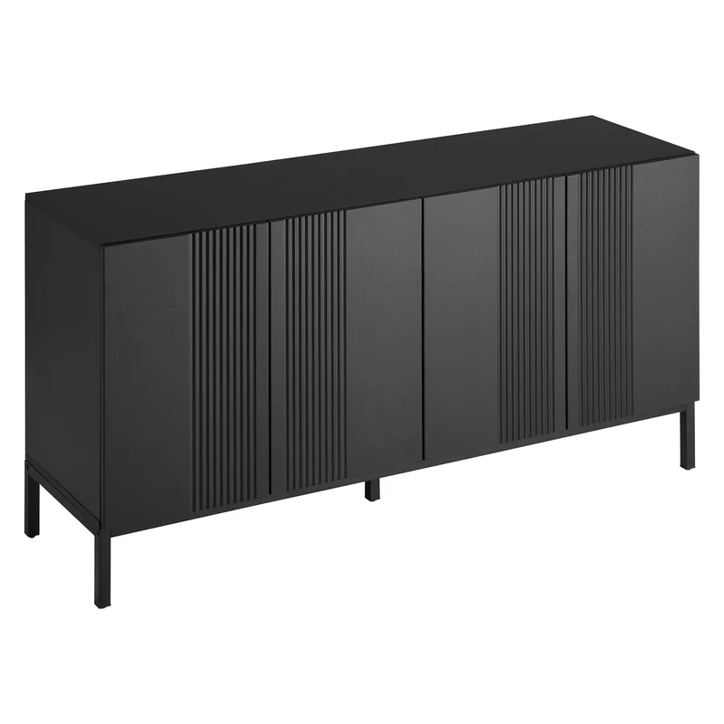 Buffet moderne noir 4 portes à motifs rainurés sans poignées 145x41,5x80 cm VERTEXIRE
