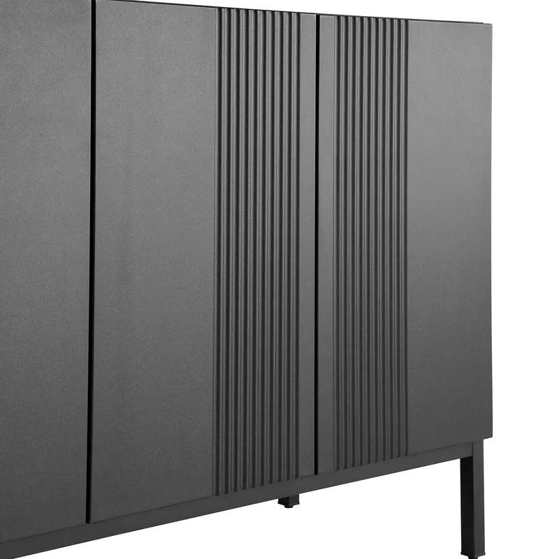Buffet moderne noir 4 portes à motifs rainurés sans poignées 145x41,5x80 cm VERTEXIRE