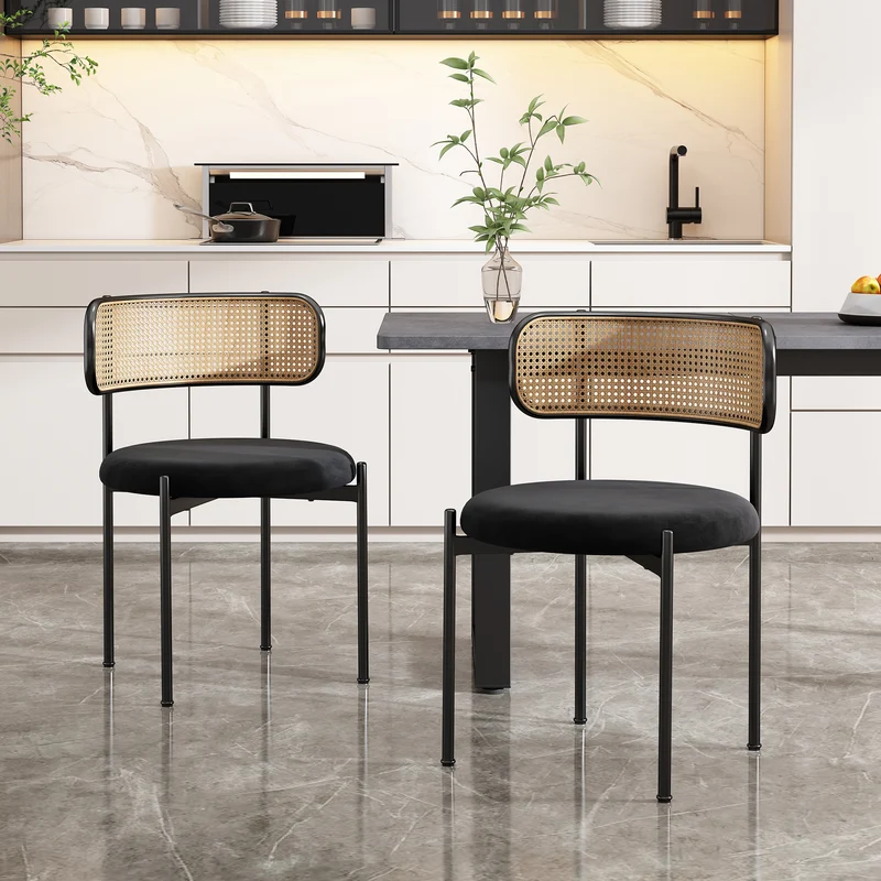 Lot de 2 chaises de salle à manger velours noir avec dossier en rotin COBALTLRE