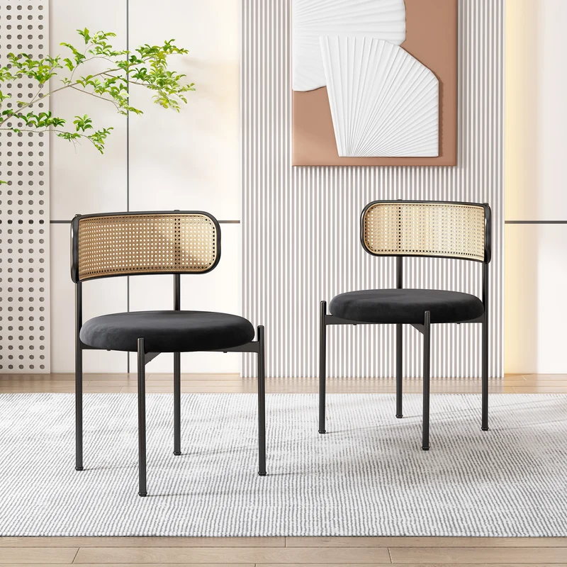 Lot de 2 chaises de salle à manger velours noir avec dossier en rotin COBALTLRE