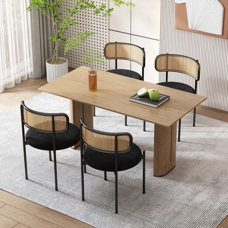 Lot de 2 chaises de salle à manger velours noir avec dossier en rotin COBALTLRE