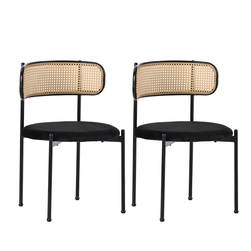Lot de 2 chaises de salle à manger velours noir avec dossier en rotin COBALTLRE