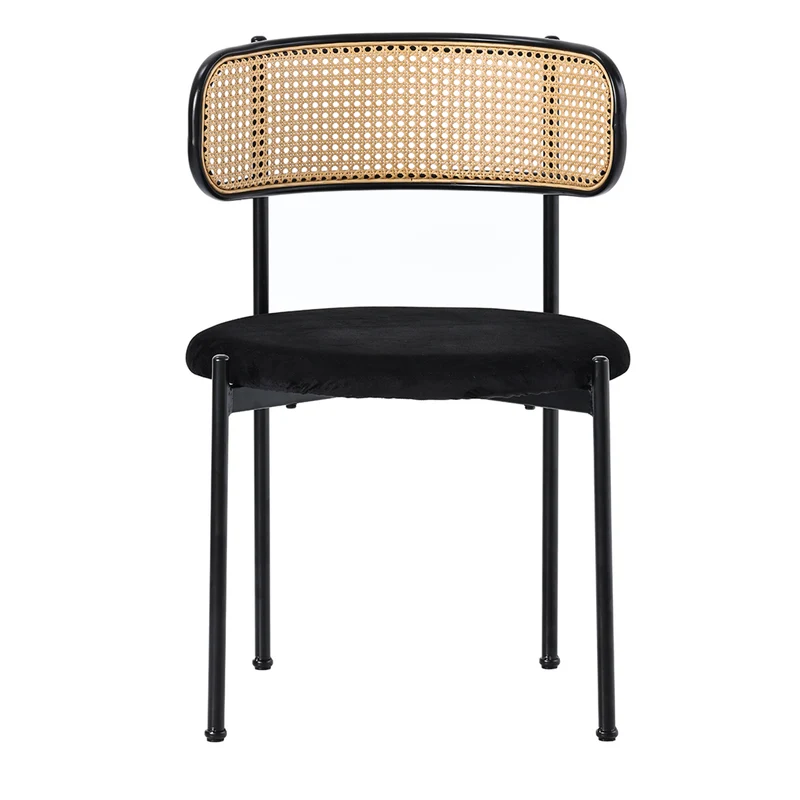 Lot de 2 chaises de salle à manger velours noir avec dossier en rotin COBALTLRE