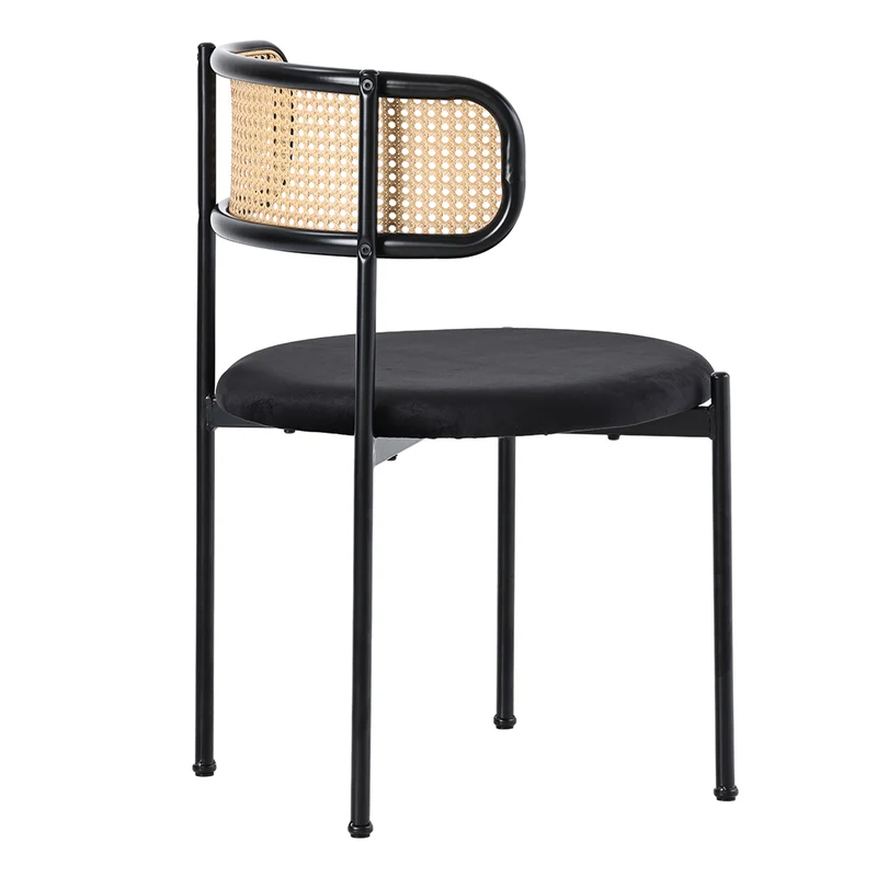 Lot de 2 chaises de salle à manger velours noir avec dossier en rotin COBALTLRE