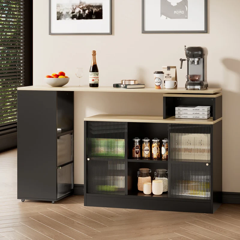 Table de bar rotative extensible effet bois, noir et verre SOLSTICEENO