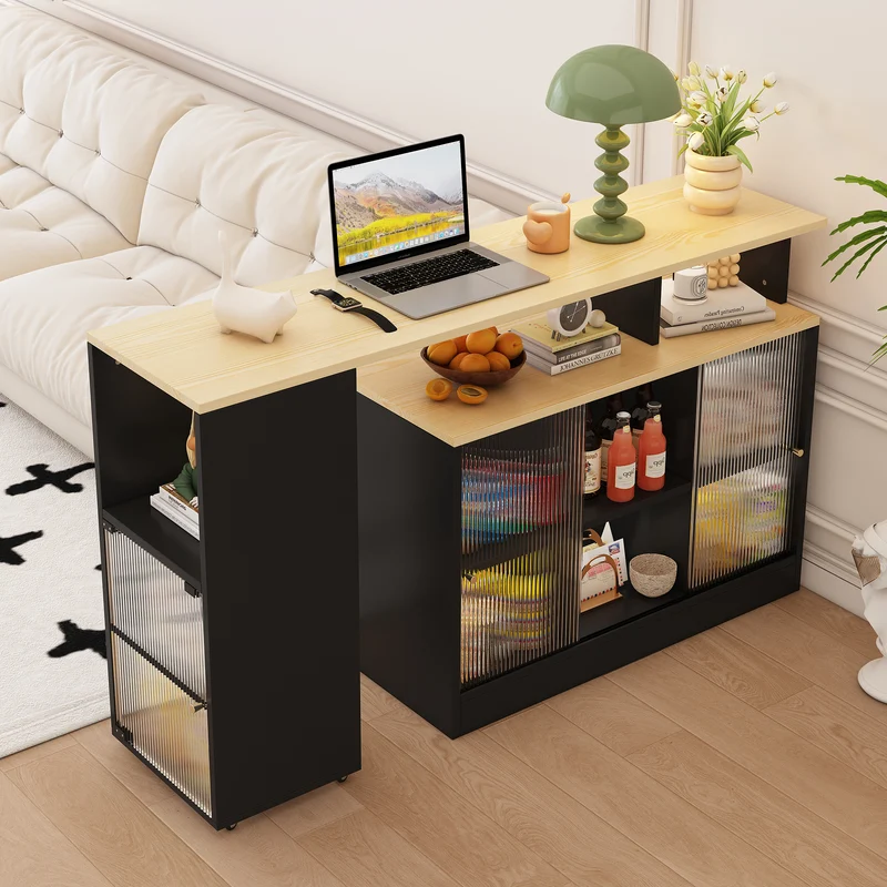Table de bar rotative extensible effet bois, noir et verre SOLSTICEENO
