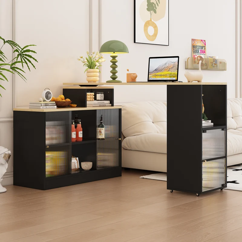 Table de bar rotative extensible effet bois, noir et verre SOLSTICEENO