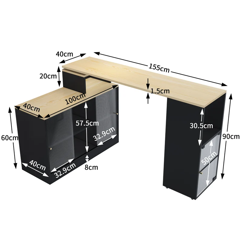 Table de bar rotative extensible effet bois, noir et verre SOLSTICEENO
