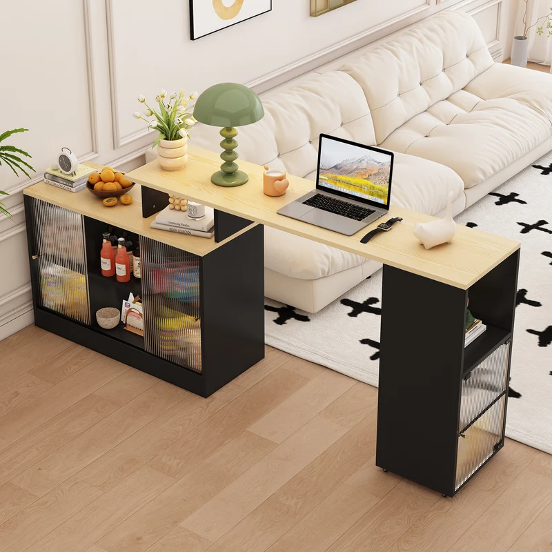 Table de bar rotative extensible effet bois, noir et verre SOLSTICEENO