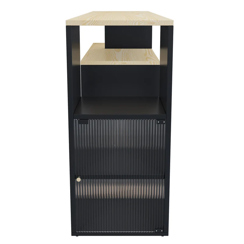 Table de bar rotative extensible effet bois, noir et verre SOLSTICEENO