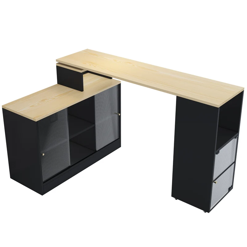 Table de bar rotative extensible effet bois, noir et verre SOLSTICEENO