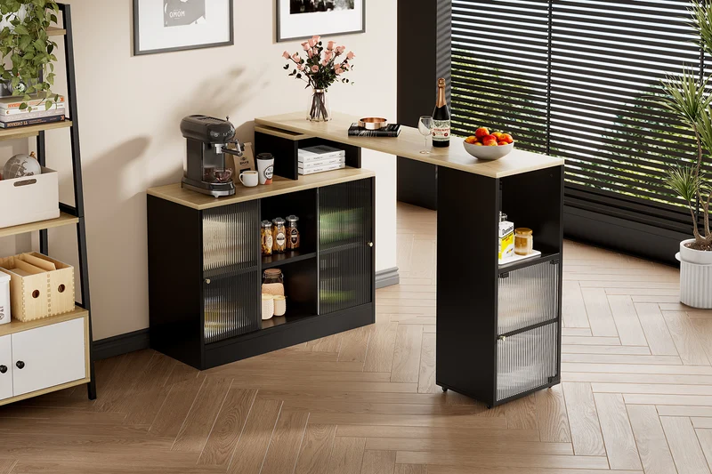 Table de bar rotative extensible effet bois, noir et verre SOLSTICEENO