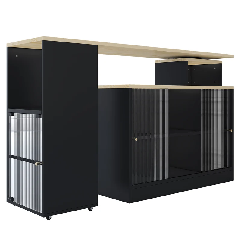 Table de bar rotative extensible effet bois, noir et verre SOLSTICEENO