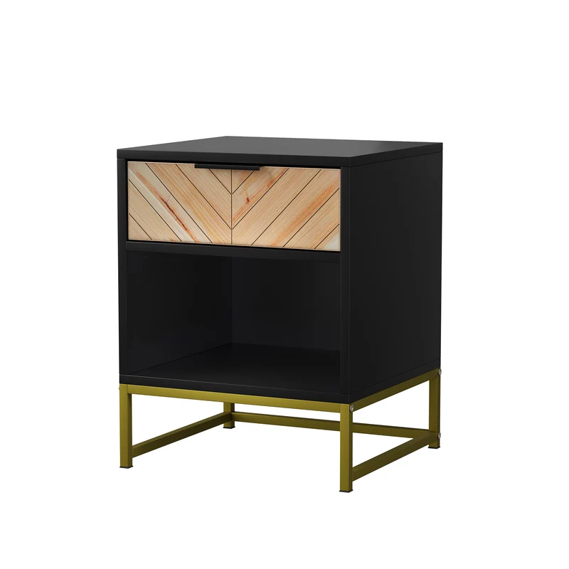 Table de chevet noir avec tiroir en bois à chevrons et pieds métalliques dorés FOCUSE