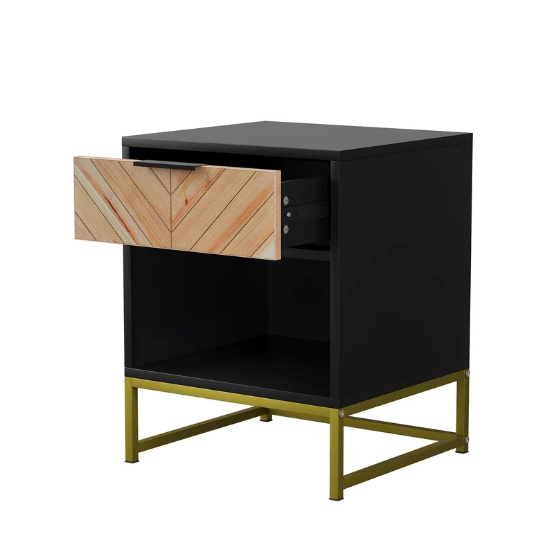Table de chevet noir avec tiroir en bois à chevrons et pieds métalliques dorés FOCUSE