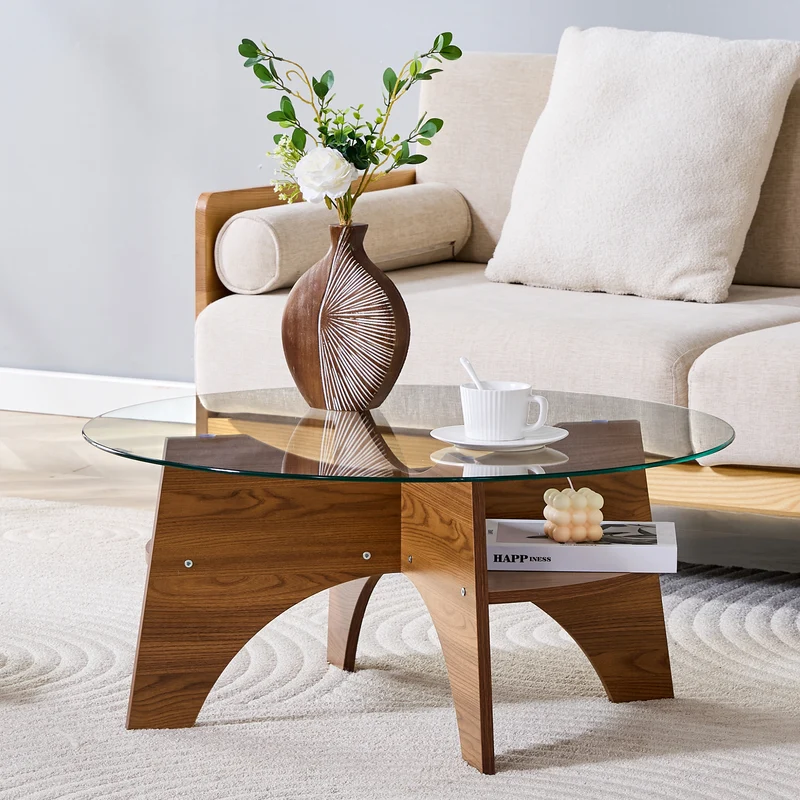 Table basse ronde en verre trempé pieds effet bois noyer Ø80 cm CLARITYEN